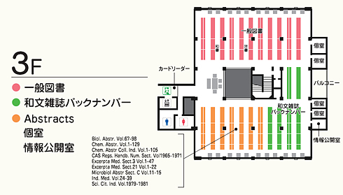 3F-一般図書、和文雑誌バックナンバー、Abstracts、個室、情報公開室